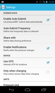 Settings in pressureNET 4 beta